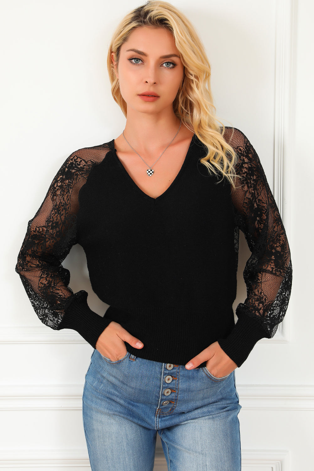 V-Neck Lace Sleeve Pullover Sweater | Black