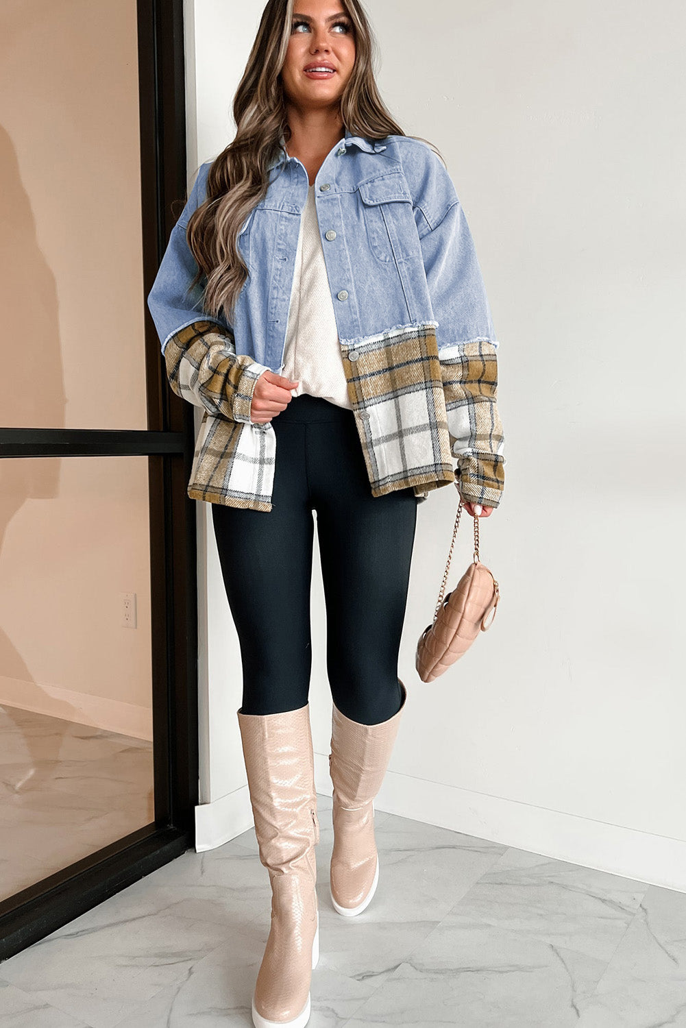 Plaid Patchwork Buttoned Oversized Denim Jacket | Khaki