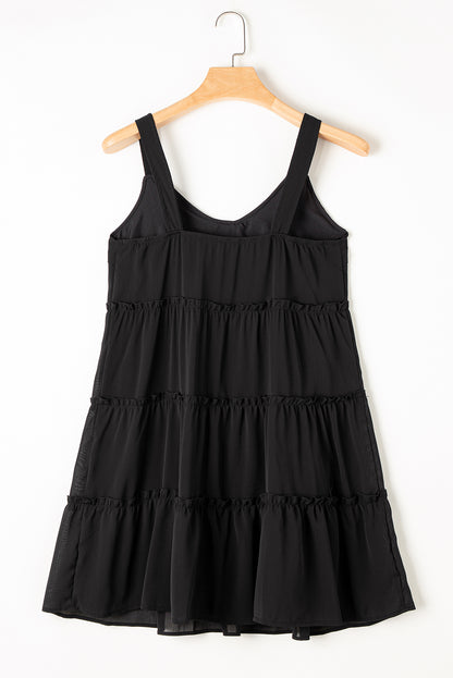 Button V Neck Frilly Tiered Sleeveless Dress | Black