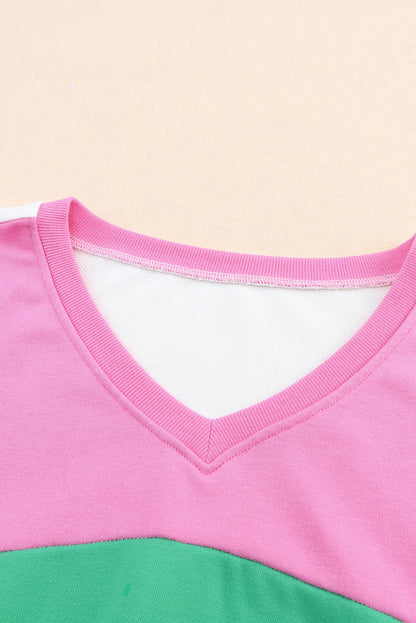 Ribbed V Neck Colour Block Patchwork Sweatshirt | Pink