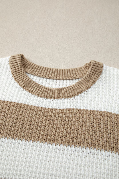 Colourblock Striped Drop Shoulder Side Slit Sweater | Light French Beige