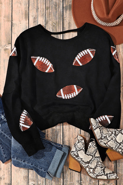 Sequined Rugby Football Graphic Open Back Sweatshirt | Black