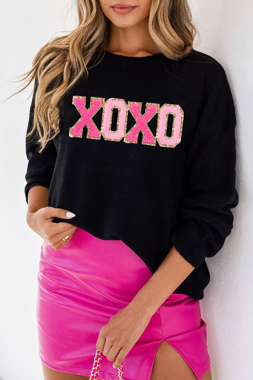 Black Xoxo Glitter Print Round Neck Casual Sweater | Colour black