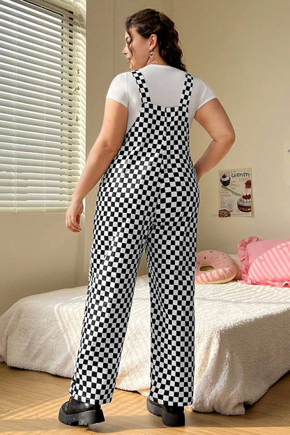 Checkered Print Pocketed Wide Leg Jumpsuit | Black