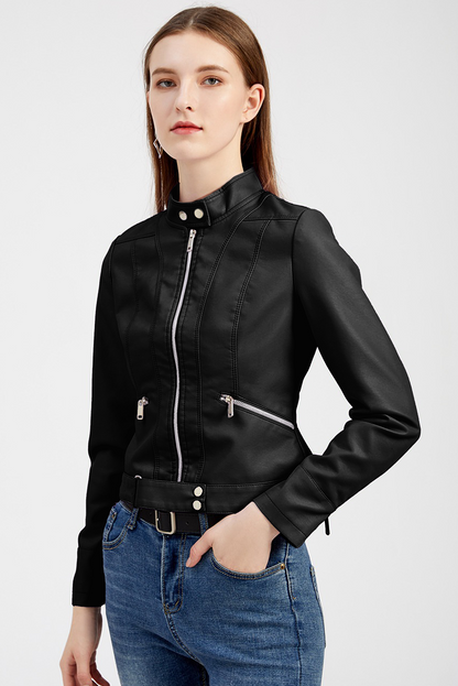 Faux Leather Snap Button Stand Neck Zipped Pocket Jacket | Black