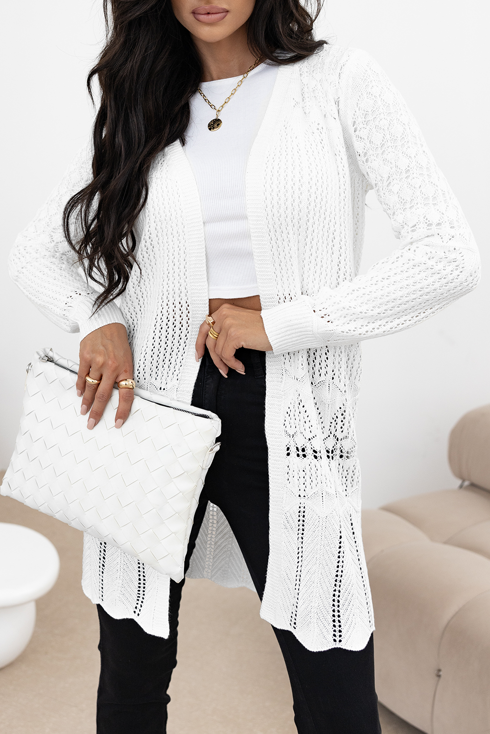 Crochet Hollow Out Open Front Cardigan | White