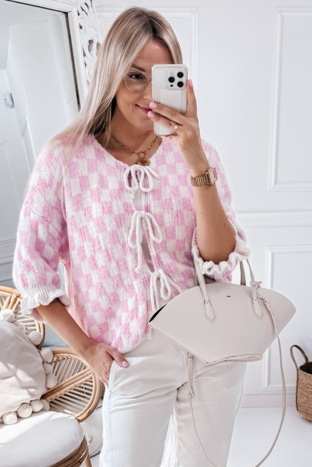 Checkered Knitted Lace-Up Ruffled 3/4 Sleeve Cardigan | Light Pink