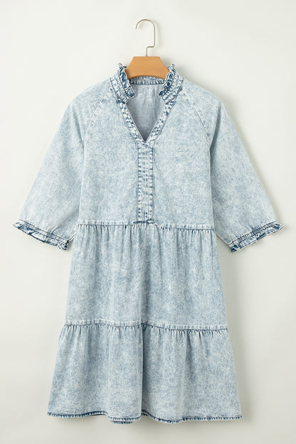 Acid Wash Retro Half Sleeve Flared Denim Dress | Dusk Blue