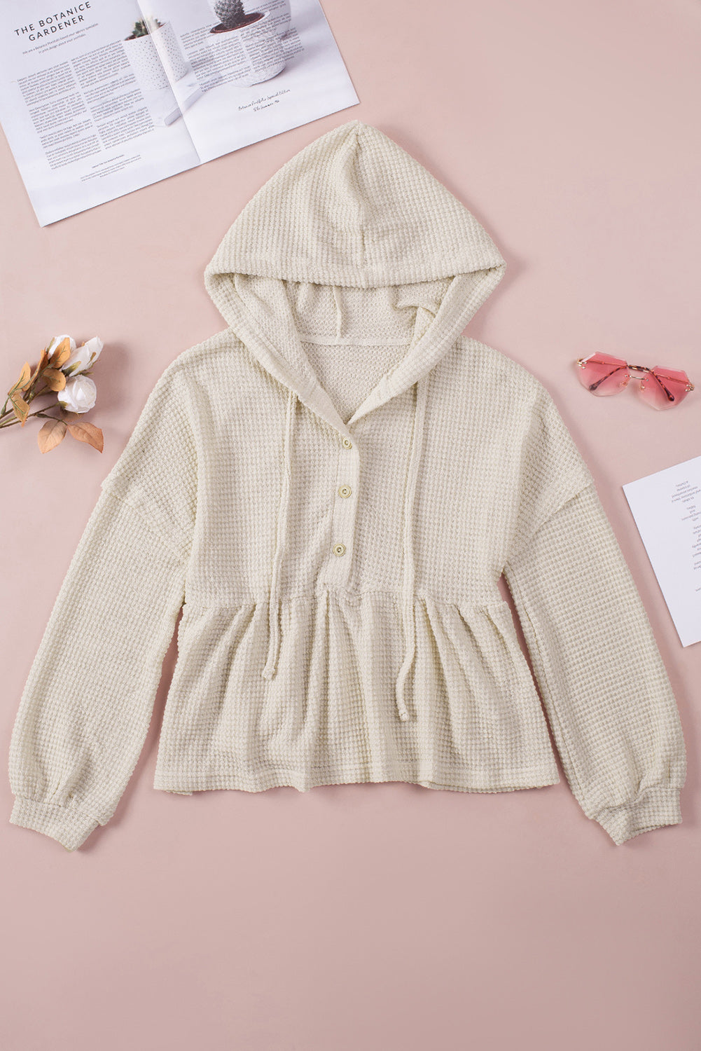 Waffle Knit Buttons Ruffled Hooded Top | Apricot