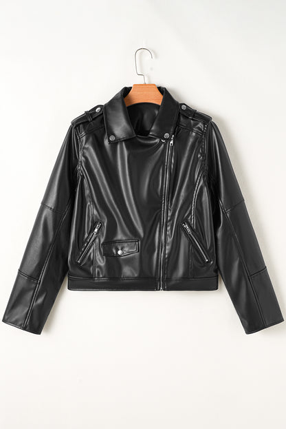 Pu Leather Lapel Collar Zipper Jacket | Black