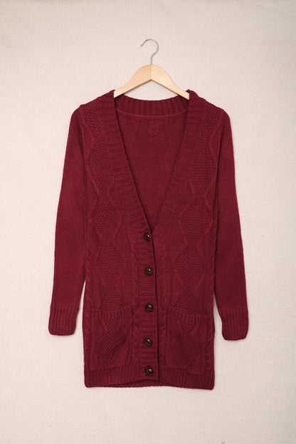 Burgundy Front Pocket And Buttons Closure Cardigan | Red