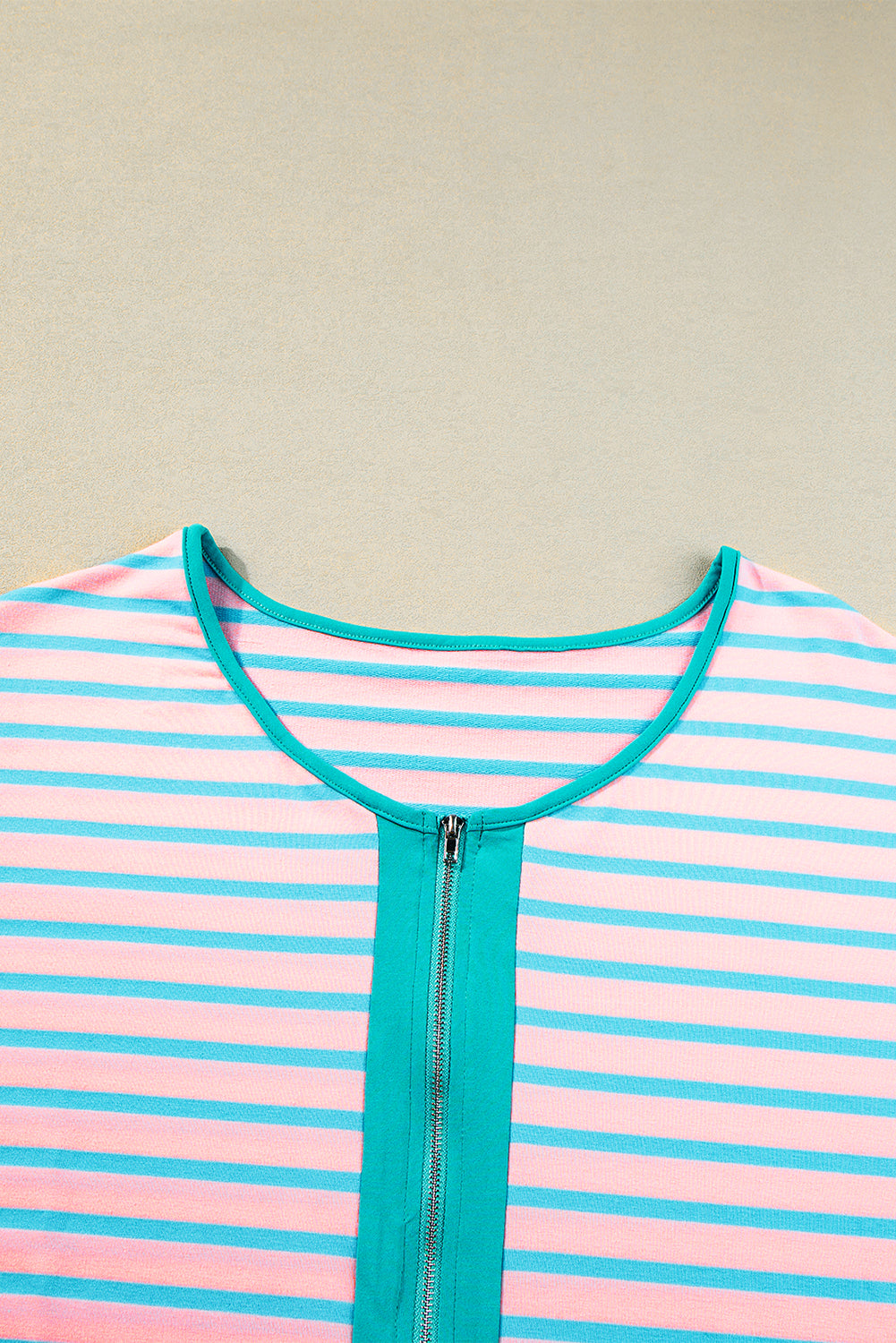 Contrast Trim Half Zip Short Sleeve Top | Pink Stripe