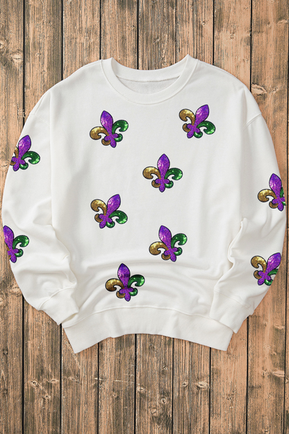 Fleur De Lis Sequin Patched Graphic Drop Shoulder Sweatshirt | White