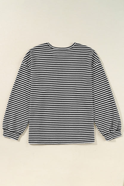 Drop Shoulder Puff Long Sleeve O Neck Plus Size T Shirt | Black Stripe