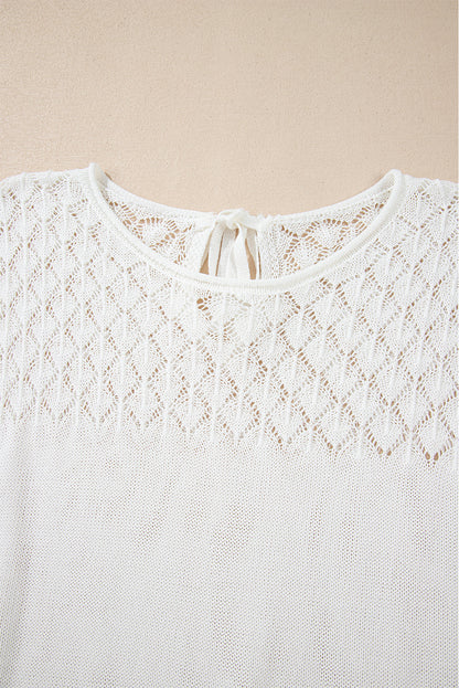 Eyelet Knit Tied Back Short Sleeve Sweater | White