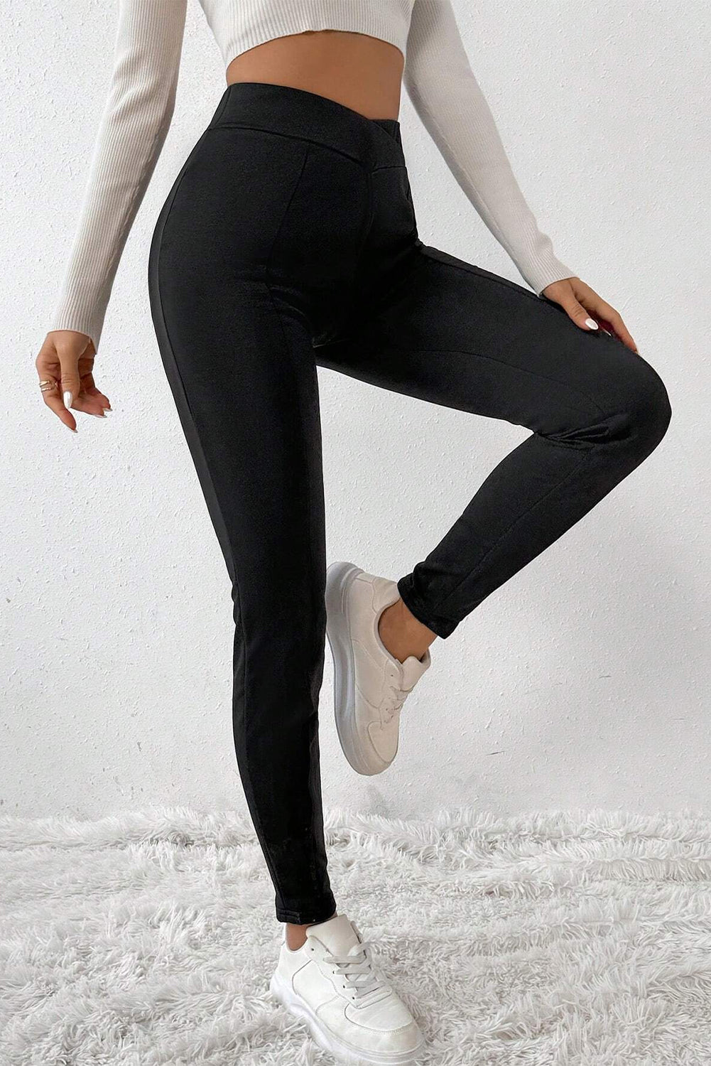 Crossed Waist Seamed Leg Thermal Leggings | Black