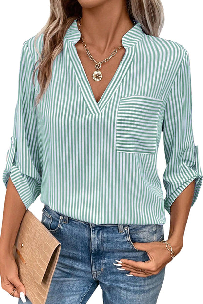 V Neck Roll Up Sleeve Pocket Patched Classic Shirt | Green Stripe