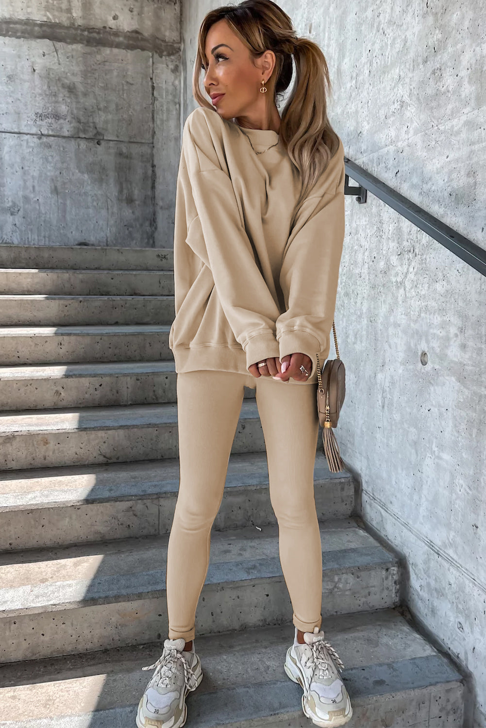 Solid Sweatshirt And Leggings Two Piece Set | Beige