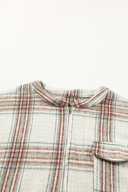 Plus Size Plaid Half-Zipper Sweatshirt With Chest Pocket | Beige