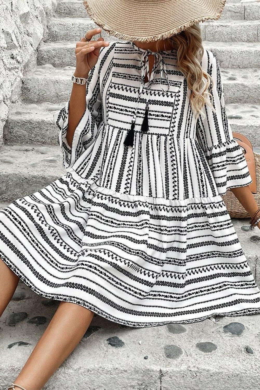 V Neck Bell Sleeve High Waist Mini Dress | Black Stripe