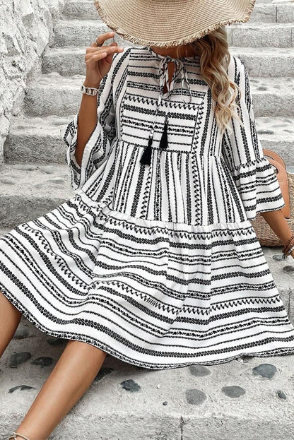 V Neck Bell Sleeve High Waist Mini Dress | Black Stripe