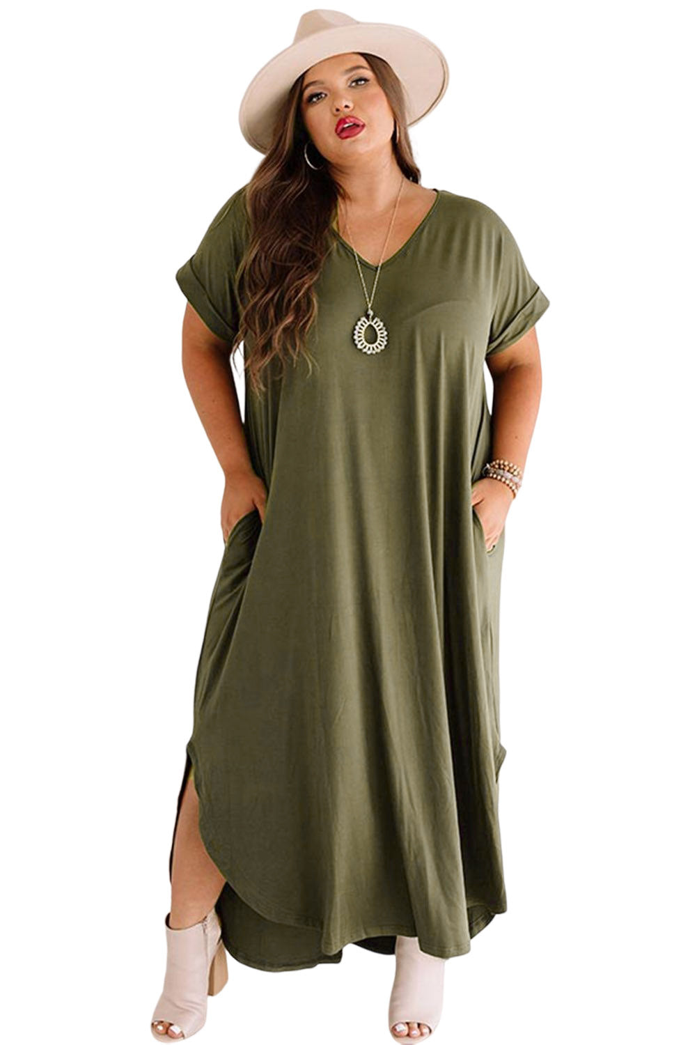 Plus Size V Neck Rolled Cuffs Maxi Dress | Green