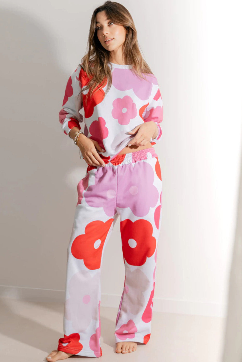 Floral Print Pullover Top Sweatpants Lounge Set | White