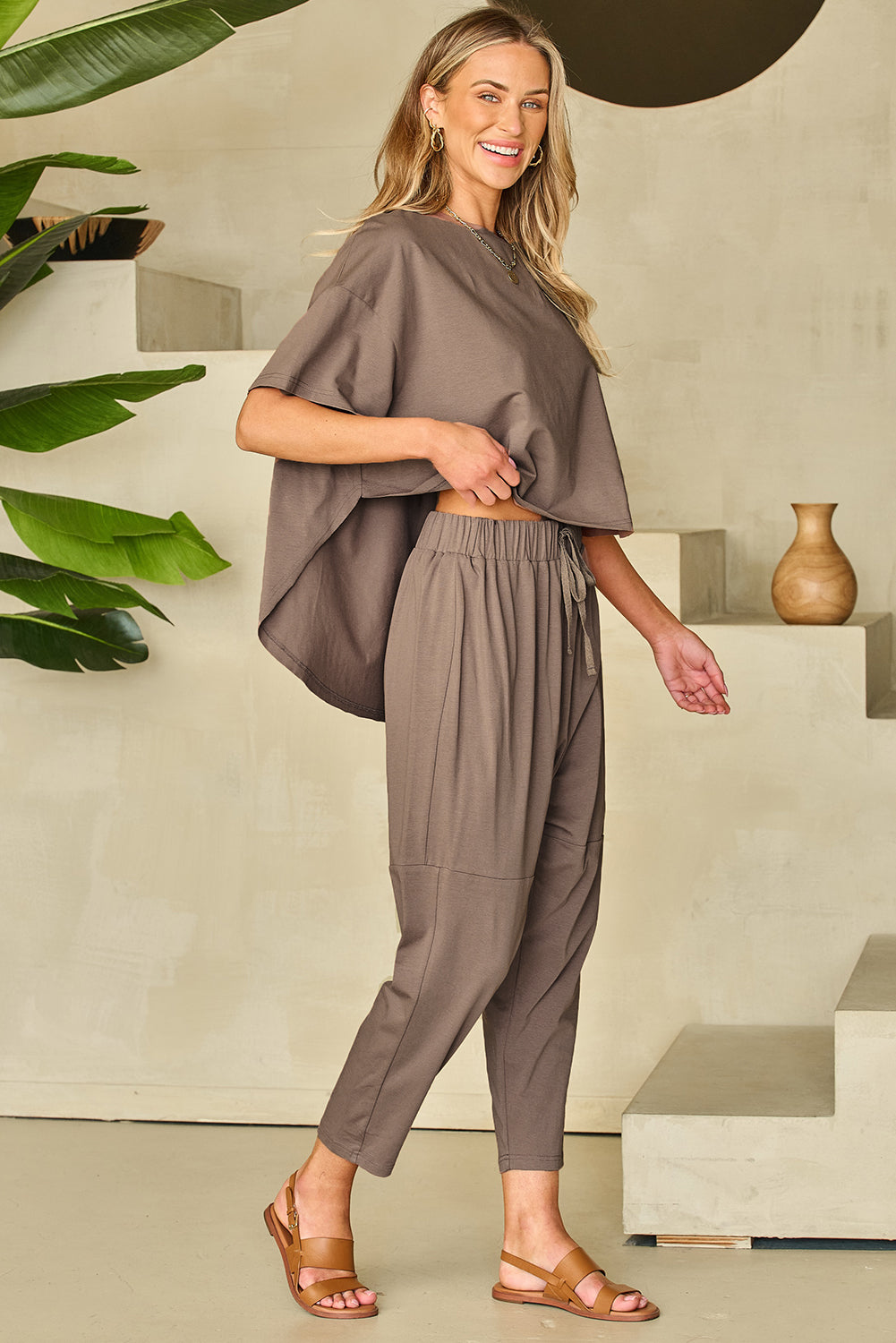 High Low Boxy Fit Tee And Crop Pants Set | Simply Taupe