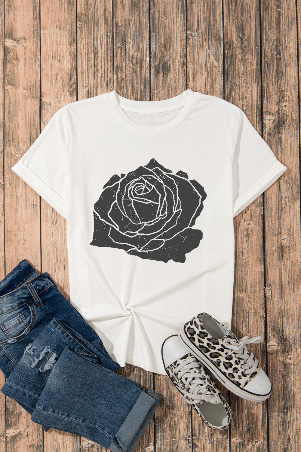 Large Rose Print Round Neck T Shirt | White