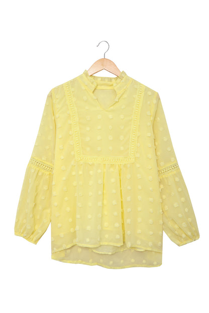 Swiss Dot Split Neck Ruffle Babydoll Blouse | Yellow