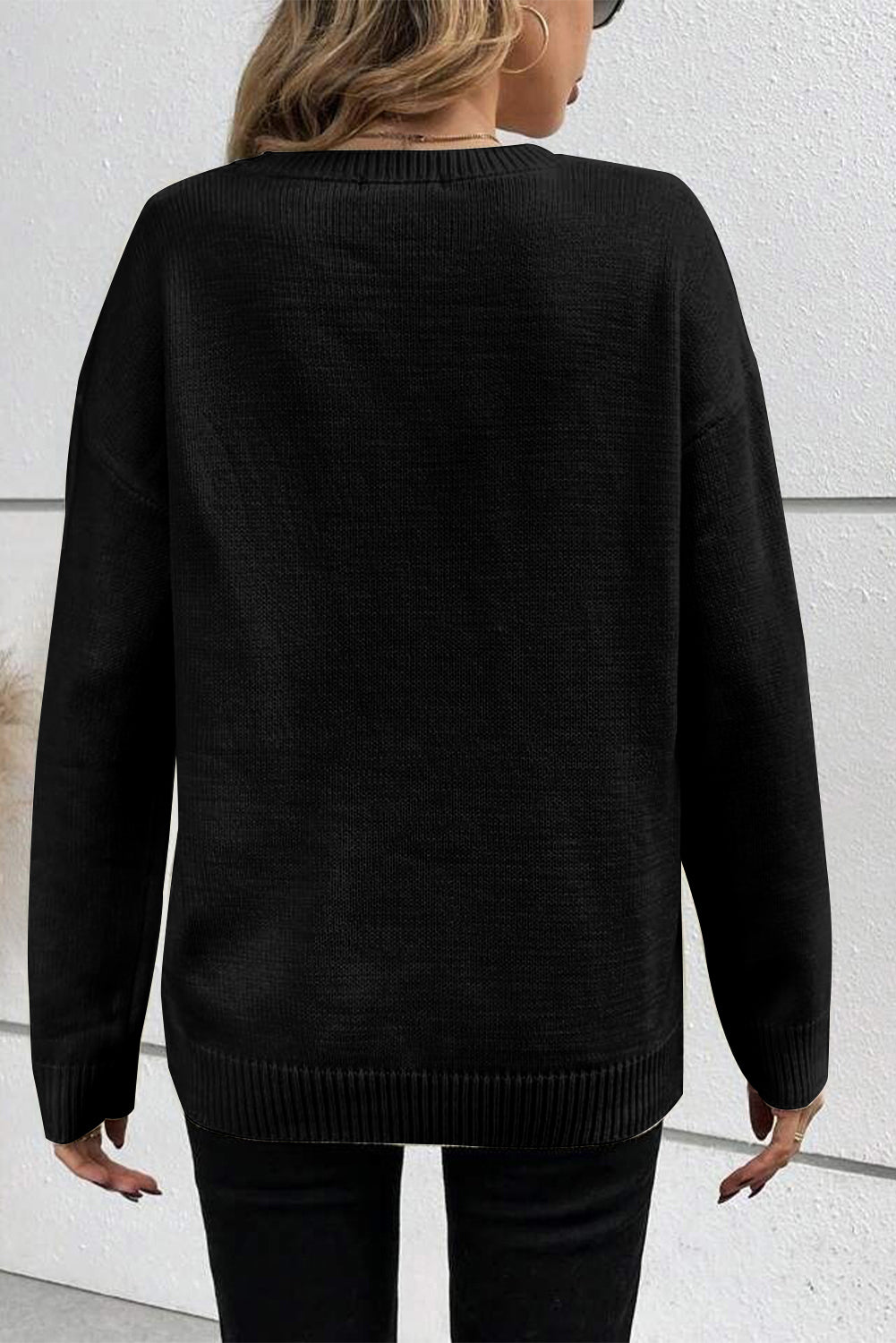 Boo Knitted Pattern Ribbed Edge Drop Shoulder Sweater | Black