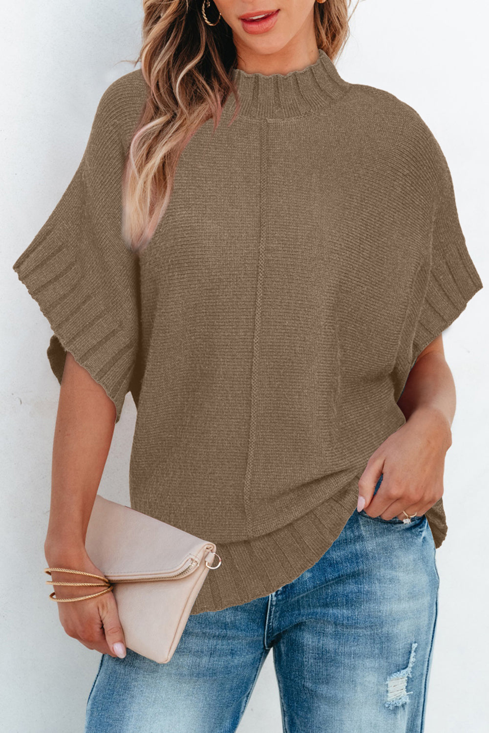 Mock Neck Batwing Short Sleeve Knit Sweater | Desert Palm