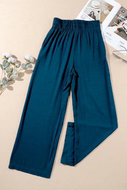 Drawstring Elastic Waist Casual Wide Leg Pants | Blue