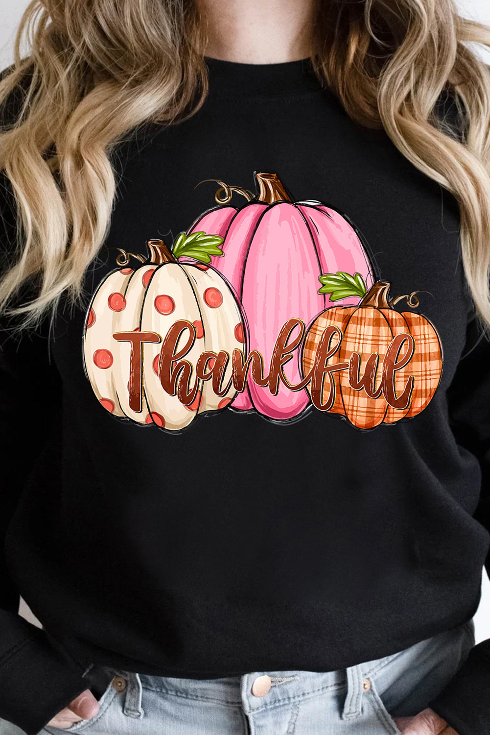 Pumpkin Thankful Drop Shoulder Thanksgiving Pullover Sweatshirt | Black