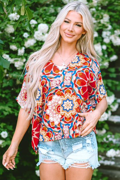 Floral Print Batwing Sleeve V Neck Blouse | Red