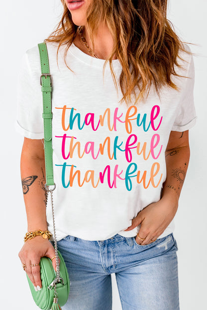 Thankful Printed Crewneck Thanksgiving T Shirt | White