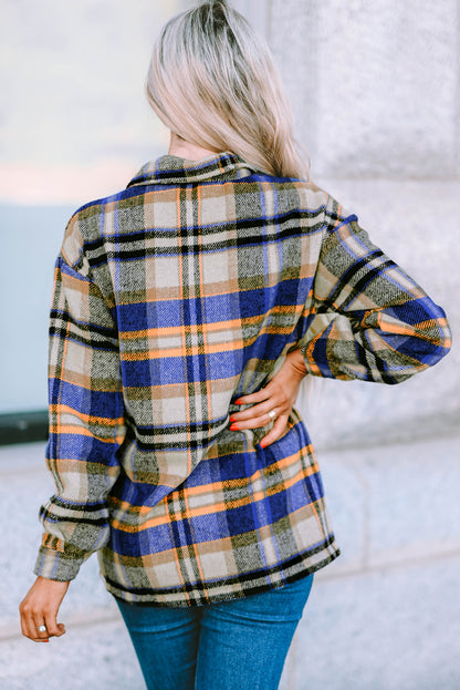 Geometric Plaid Print Pocketed Shacket | Blue