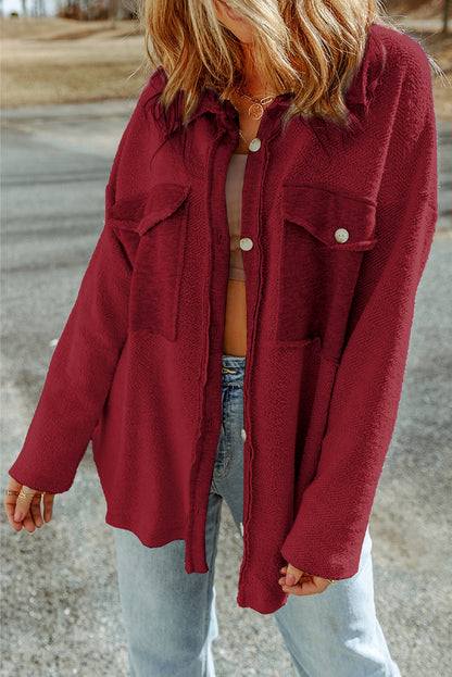 Fiery  Contrast Flap Pockets Relaxed Shacket | Red