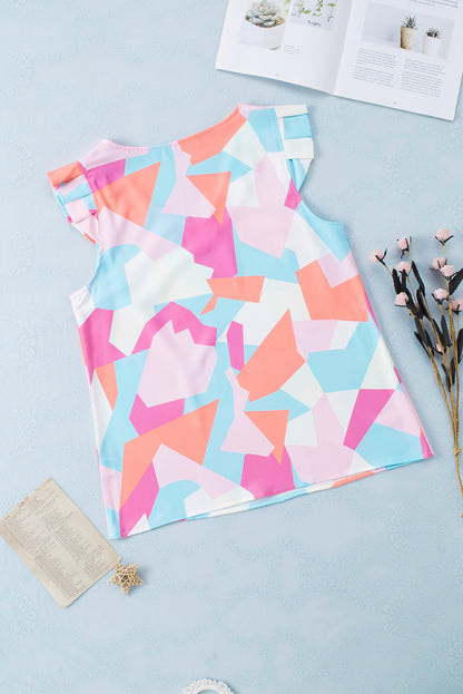 Pastel Geometric Print V-Neck Pleated Cap Sleeve Top | Multicolour