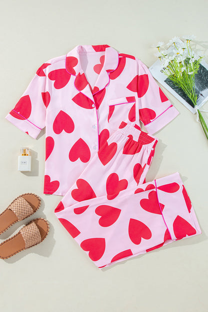 Classic Heart Valentines Short Sleeve Pants Pajamas Set | Pink