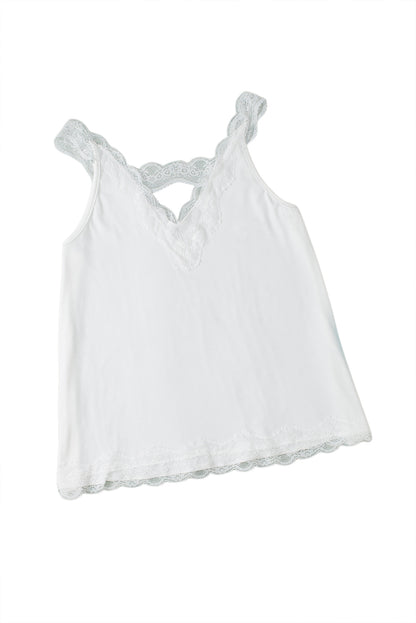 Delicate Lace Trim Flared Tank Top | White