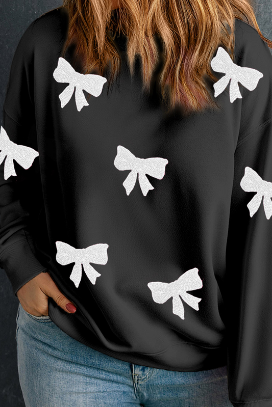 Black Bow Pattern Drop Shoulder Plus Size Sweatshirt