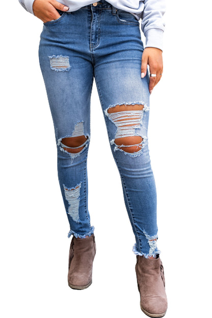 High Waist Distressed Skinny Jeans | Sky Blue