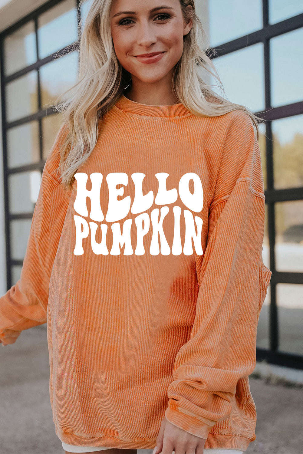 Hello Pumpkin Letter Graphic Corded Sweatshirt | Orange