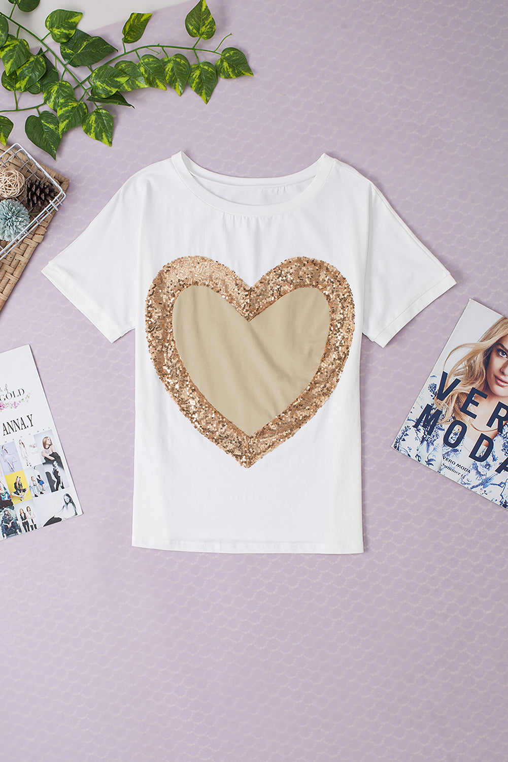 Valentine'S Day Sequined Heart Crew Neck Short Sleeve Top | White