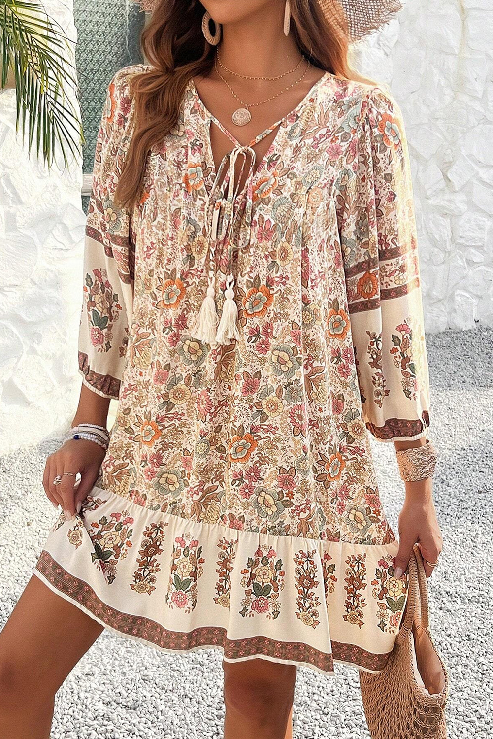 Floral Print Tassel Drawstring V Neck Loose Mini Dress | Apricot