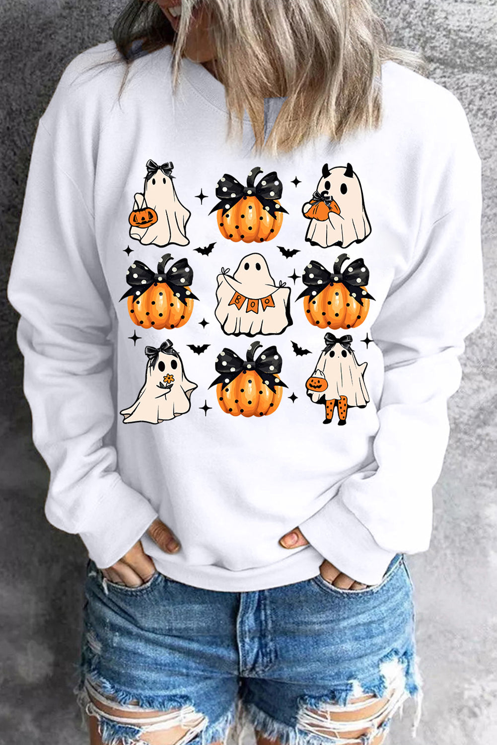 Halloween Ghost Pumpkin Print Crew Neck Sweatshirt | Beige