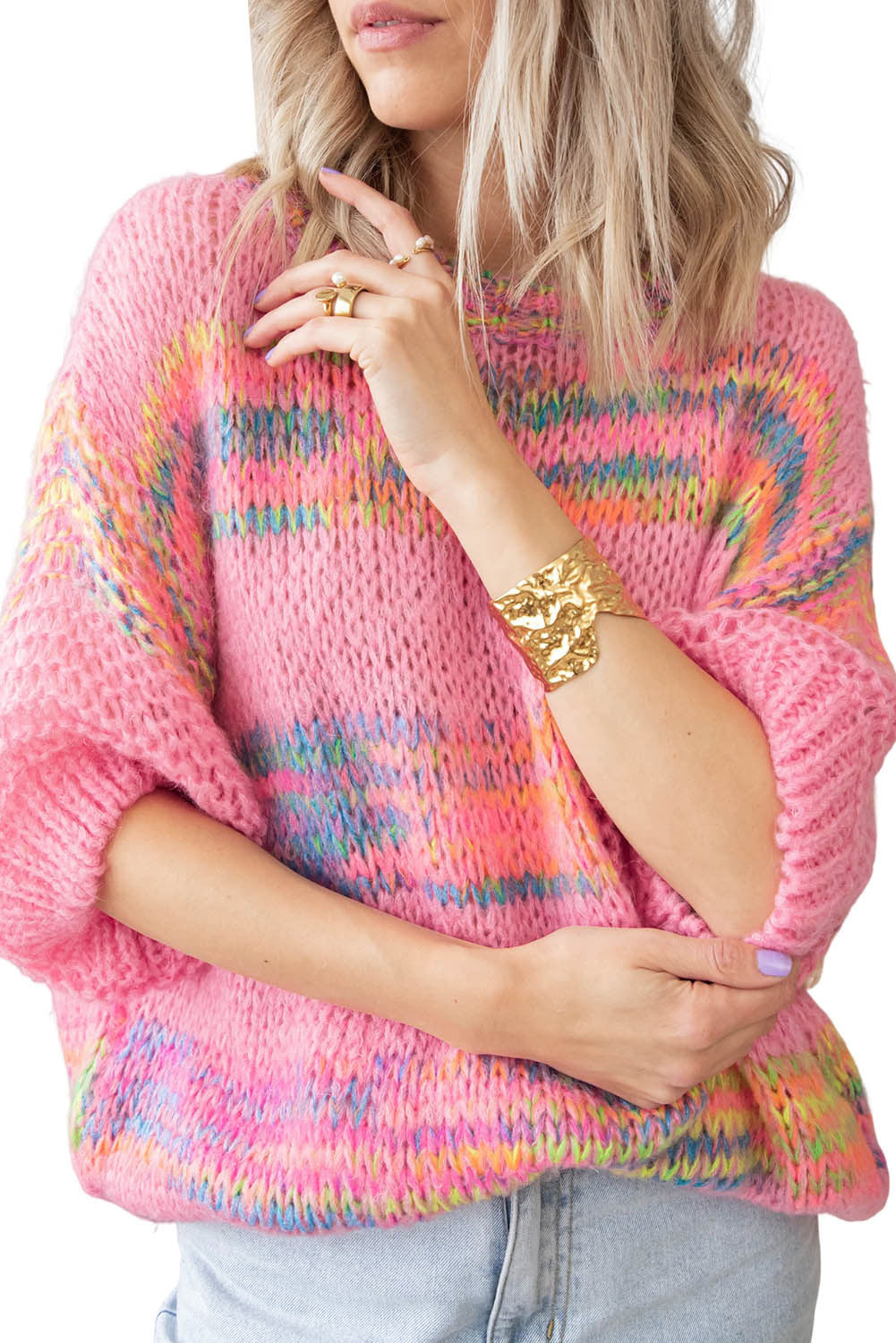 Colourful Stripes 3/4 Sleeve Loose Sweater | Rose