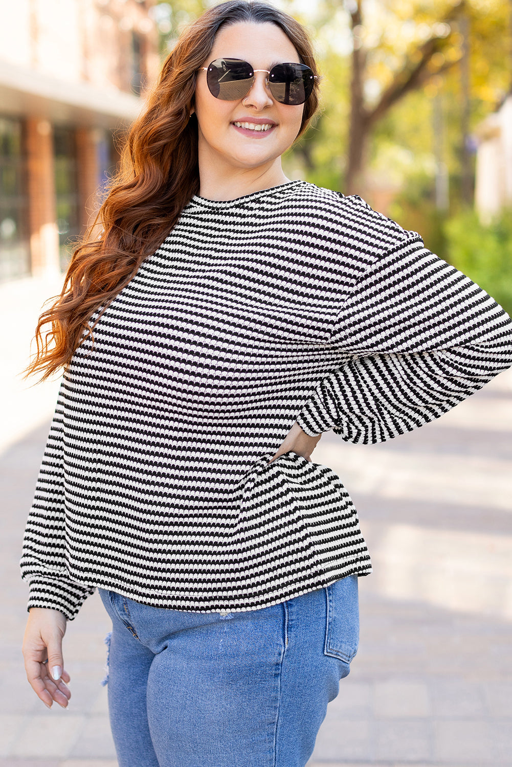 Drop Shoulder Puff Long Sleeve O Neck Plus Size T Shirt | Black Stripe