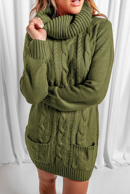 Olive Cowl Neck Cable Knit Sweater Dress | Green